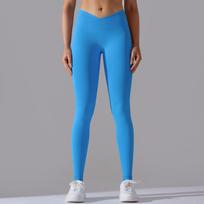 Seamless Knit Breathable Solid Color Cross-Waist High-Rise 9/10 Length Yoga Leggings Women Fitness Running Gym Small blue