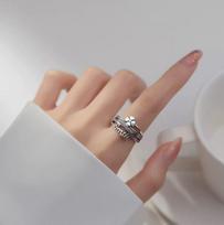925 Sterling Silver Retro English Cross Floral Ring for Women - Simple, Fashionable, Distressed Style Index Ring. Adjustable Open Size beige