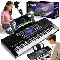 V-TONE MK800 nešiojama mokomoji elektroninė klaviatūra, 61 jautrūs prisilietimui klavišai, 300 garsų, 300 ritmų, 40 demonstracinių dainų, LCD ekranas, USB MIDI, ausinių išvestis, mikrofono įvestis, palaikymo pedalo įvestis, 2x5W garsiakalbiai, juoda