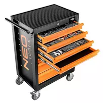 NEO TOOLS dirbtuvės spintelė su 7 stalčiais ir 129 dalių įrankių rinkiniu, raudona/juoda, rutuliniais kreiptuvais, centriniu užraktu, 400 kg talpa