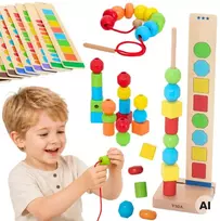 Viga Toys VIGA mediniai karoliukai vėrimo sekos raštams 64 vnt. 3+