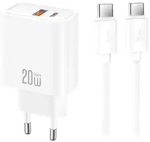 XO sieninis įkroviklis CE42 PD 30W 1x USB-C 1x USB baltas + laidas USB-C – USB-C