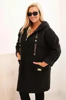 Moteriškas Plus Size paltas iš dirbtinės avikailio vilnos su gobtuvu ir kišenėmis, juodos spalvos