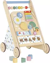 Medinis lavinamasis stumdukas su reguliuojama ratų įtampa, natūralios medienos ir baltos spalvos, 34,5 × 32,4 × 46 cm