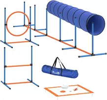 Šunų agility treniruočių rinkinys su tuneliu ir reguliuojamomis kliūtimis, oranžinės, mėlynos ir juodos spalvų, 8 dalių