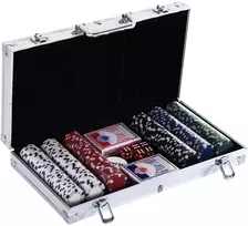 Aosom Pokerio rinkinys aliuminio lagamine, 300 žetonų, 5 kauliukai ir 2 kortų kaladės
