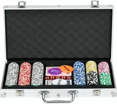Aosom Pokerio rinkinys su 300 žetonų, 2 kortų kaladėmis, 5 kauliukais, sidabrinis