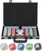 Aosom Pokerio rinkinys, nešiojamas lagaminas, 400 žetonų, 2 kortų kaladės, 5 kauliukai, dalintojo diskas, pagrindas, pilka