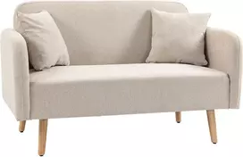 Aosom Dvivietė sofa su 2 pagalvėlėmis, medinės kojelės, kreminė, 130 x 70 x 80 cm