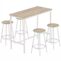 Aosom 5 dalių baro stalo komplektas 4 asmenims, 1 stalas ir 4 taburetės, ąžuolo spalvos, baltas metalas, 110 x 50 x 89,5 cm