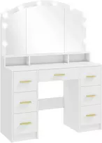 Aosom Kosmetinis staliukas su veidrodžiu, 10 LED lempų, 7 stalčiai, 3 skyriai, MDF, baltas