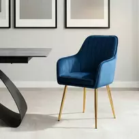 Veliūrinė tamsiai mėlyna loft valgomojo kėdė su auksinėmis chromuotomis kojomis