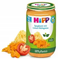HiPP BIO spagečiai pomidorų padaže su lęšiais ir žirnių baltymais
