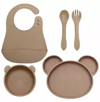 Gigi Kids Silikoniniai indai vaikams, lėkštė, dubuo, stalo įrankiai, seilinukas, smėlio spalvos