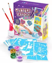 GLITTER TATTOO RINKINYS 33 ELEMENTAI. 24 6 SPALVŲ ŠABLONAI VAIKAMS