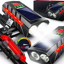 Saulės dviračio žibintas priekinis galinis 800 lm garsinis 140 dB USB maitinimo blokas