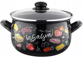 Emaliuotas puodas, pleszew, 18 cm, 3 l, virtuvė sriubai virti, juodas dekoras