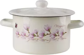 Emalia Rybnik EMALINIS vazonas 2L SU dangteliu, TRADICINIS, KREMINIS, SU MAGNOLIJOS GĖLĖMIS