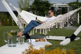 Dviejų asmenų sodo hamakas, medvilninis BOHO, pintas MACRAME šezlongas XL 280x150