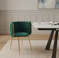 Žalia veliūrinė valgomojo kėdė, pintos glamour, auksinės metalinės kojos