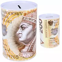 PIGGY BANK METALINĖS CIN NOMINĖS MONETOS PINIGŲ BANKNOTAS 200 M PLN