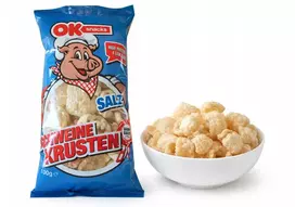 OK. Kiaulienos žievelės Sūdyti traškučiai Šoninės mėsa Traškūs užkandžiai Keto De