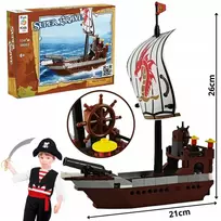Statybiniai blokai Piratų laivas su patranka, bure, vairu, inkaru, dovana