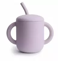 Minkštas Lilac Mushie silikoninis puodelis su šiaudeliais