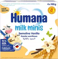 HUMANA PIENO DESERTAS NUO 8 MĖNESIŲ VANILĖS GRŪDŲ 4x100G x4 - DW: 2026-07-29