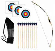 Loreho_Pl MEDINIS lankas 115cm QUIVER 10 STRĖLŲ SKYDAI Šaudymas iš lanko RUDAS