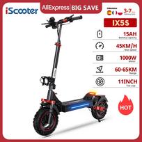 iScooter IX5S elektrinis paspirtukas, 11 colių visureigis, 48V 15Ah, 1000W variklis, galinių ratų pavara, maksimalus greitis 45 km/val., nuvažiuojamas atstumas iki 65 km, sulankstomas