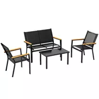 Metalo sodo baldų komplektas 4 asmenims: 2-vietė sofa, kėdė ir pagalbinis staliukas 110x63,5x84 cm, juodas