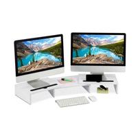 Ištraukiamas monitoriaus stovas dviem monitoriams, baltas, pakeliamas iki 10 cm