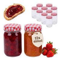 Užsukamų stiklainių rinkinys Relaxdays, 12 vnt. po 400 ml, Raudona/balta, Ø 7,5 × 12,5 cm