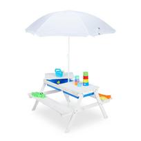 Vaikų pikniko stalas su suolu Relaxdays, 2 talpos ir skėtis, Balta, 86 × 49 × 92,5 cm