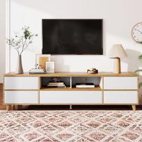 TV stalas, MDF, 175x37x51 cm, balta ir medžio, 2 dėžės