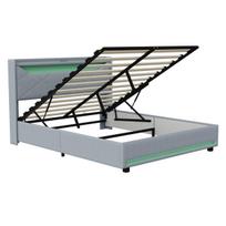 Minkšta lova 140x200 cm su patalynės dėže, LED, USB ir Type-C, hidrauliniu mechanizmu, lininio audinio, pilka