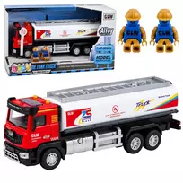 LEAN TOYS cisterninis sunkvežimis metalinis su pavara, šviesomis ir garsais raudonai baltas 1:40
