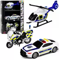 LEAN TOYS policijos rinkinys su sraigtasparniu, motociklu ir policijos automobiliu, šviesos ir garsai, 1:32