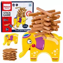 LEAN TOYS įgūdžių žaidimas Balansuojantis dramblys, statyk bokštą iš kaladėlių, 61 vnt.