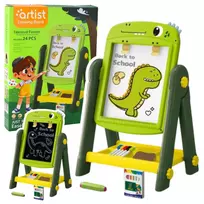 LEAN TOYS dvikryptė magnetinė rašymo lenta su dinozauru, žalia, su priedais