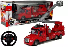 LEAN TOYS gaisrinis automobilis su kopėčiomis ir nuotolinio valdymo pultu, mastelis 1:14, 2.4GHz, vandens purškimas, šviesos ir garsai