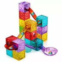 LEAN TOYS Magnetiniai konstrukcijos blokeliai Kubeliai ir kamuoliuko trasa spalvoti 28 vnt.
