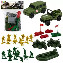 LEAN TOYS karinis rinkinys su kareiviais, transporto priemonėmis, baze ir bokštu – 46 vnt.