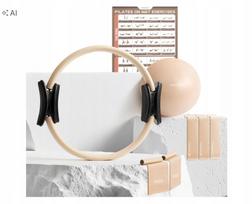 Pilates rinkinys: kamuolys, žiedas, juosta, smėlio spalvos