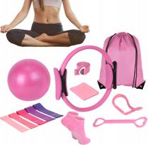 Pilates pratimų rinkinys, 13 dalių: žiedas, tempimo diržas, rožinis