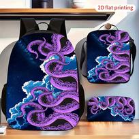 Mokyklinė kuprinė su pieštukine ir rankine, 3 dalių rinkinys, Purple Octopus Tentacle Cloud