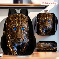 Kuprinė, rankinė per petį ir kosmetinė su leopardų raštu ir mėlynomis akimis, 3 dalių rinkinys