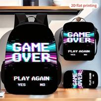 Vaikiška kuprinė su „Game Over“ dizainu, 3 dalių rinkinys su pietų dėžute