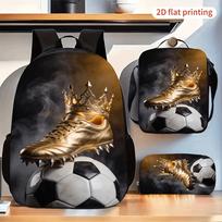 3 dalių kuprinių rinkinys su auksine karūna ir futbolo batelio piešiniu, su rankine per petį
